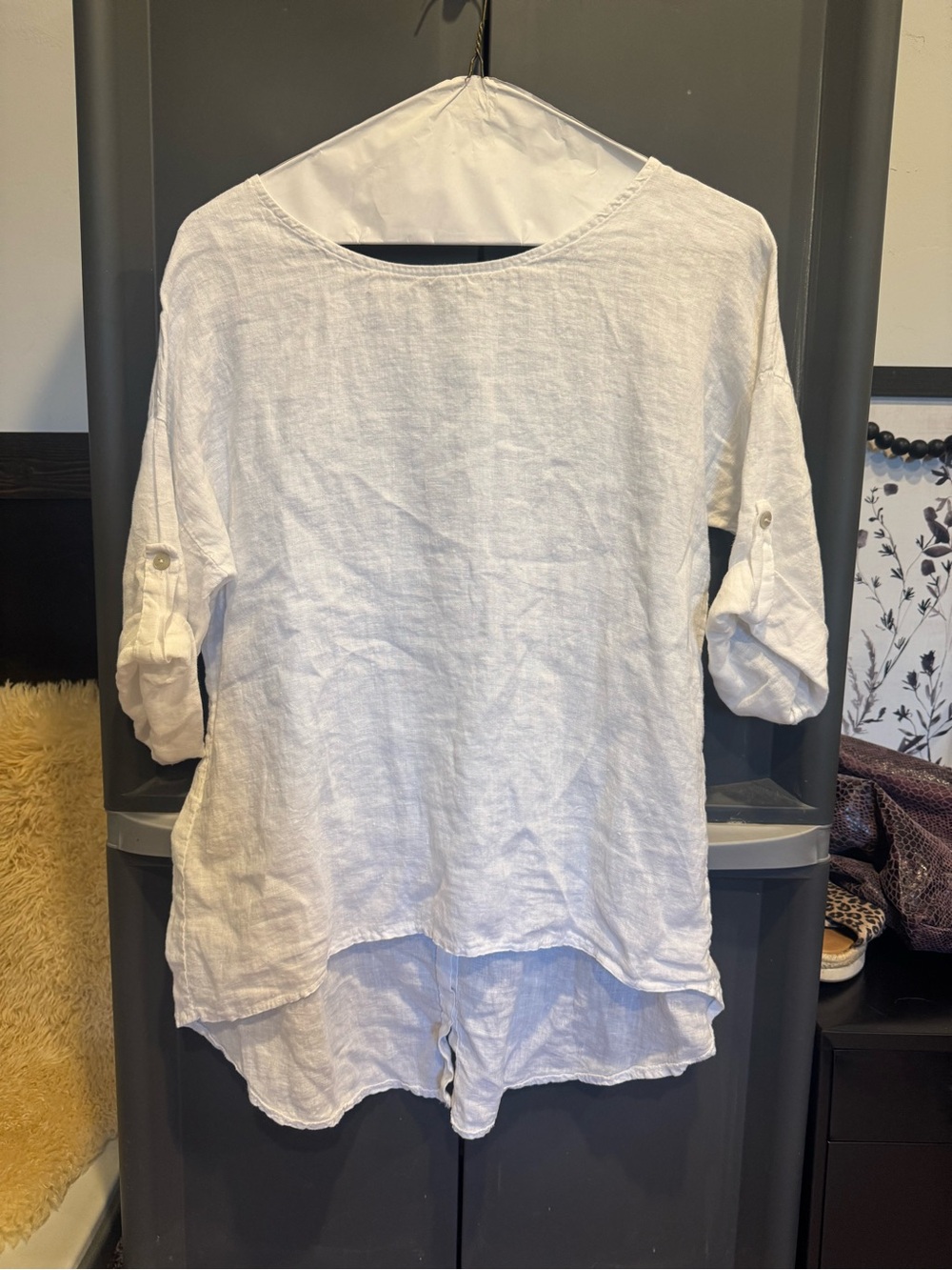White Linen Roll-Sleeve Tunic Top